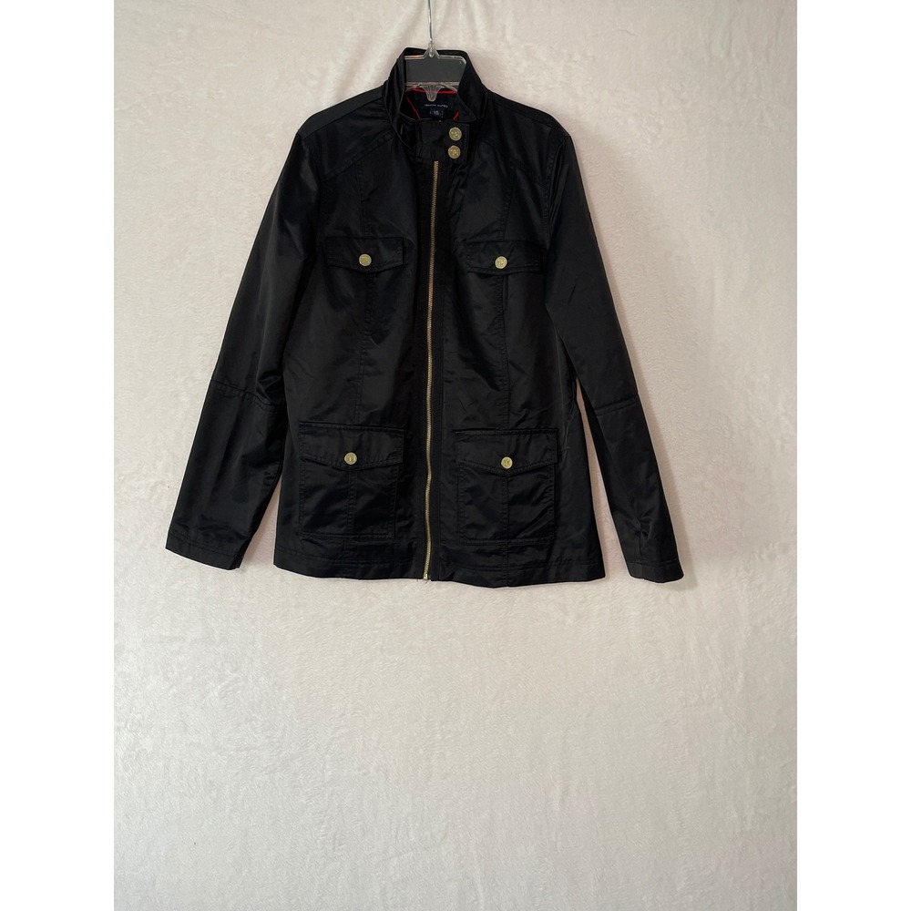 Tommy Hilfiger Womens Black Waxed Field Utility Military Jacket Sz Large